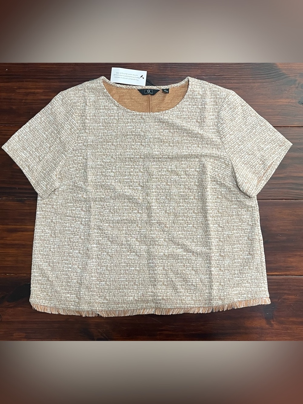 G by Giuliana Metallic Tweed Fringe Top Size Large Cream Gold